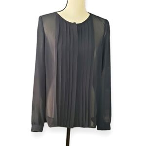 Ann Taylor LOFT Sheer Black Front Pleat Long Sleeve Button Front Blouse Size S